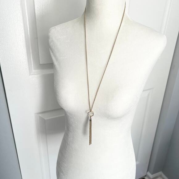 Gold tone boho chic trendy geometric hexagon long fringe tassel pendant necklace - Picture 1 of 5